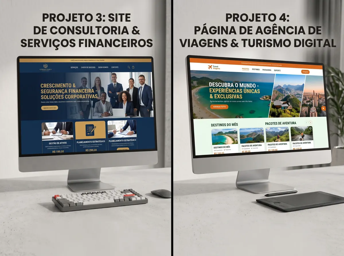 Site de consultoria financeira e página de agência de viagens exibidos em monitores