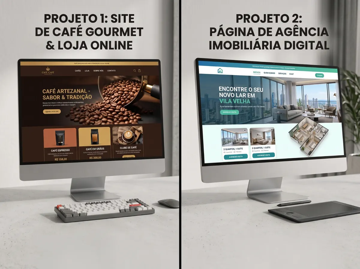 Site de café gourmet com loja online e página de imobiliária exibidos em monitores